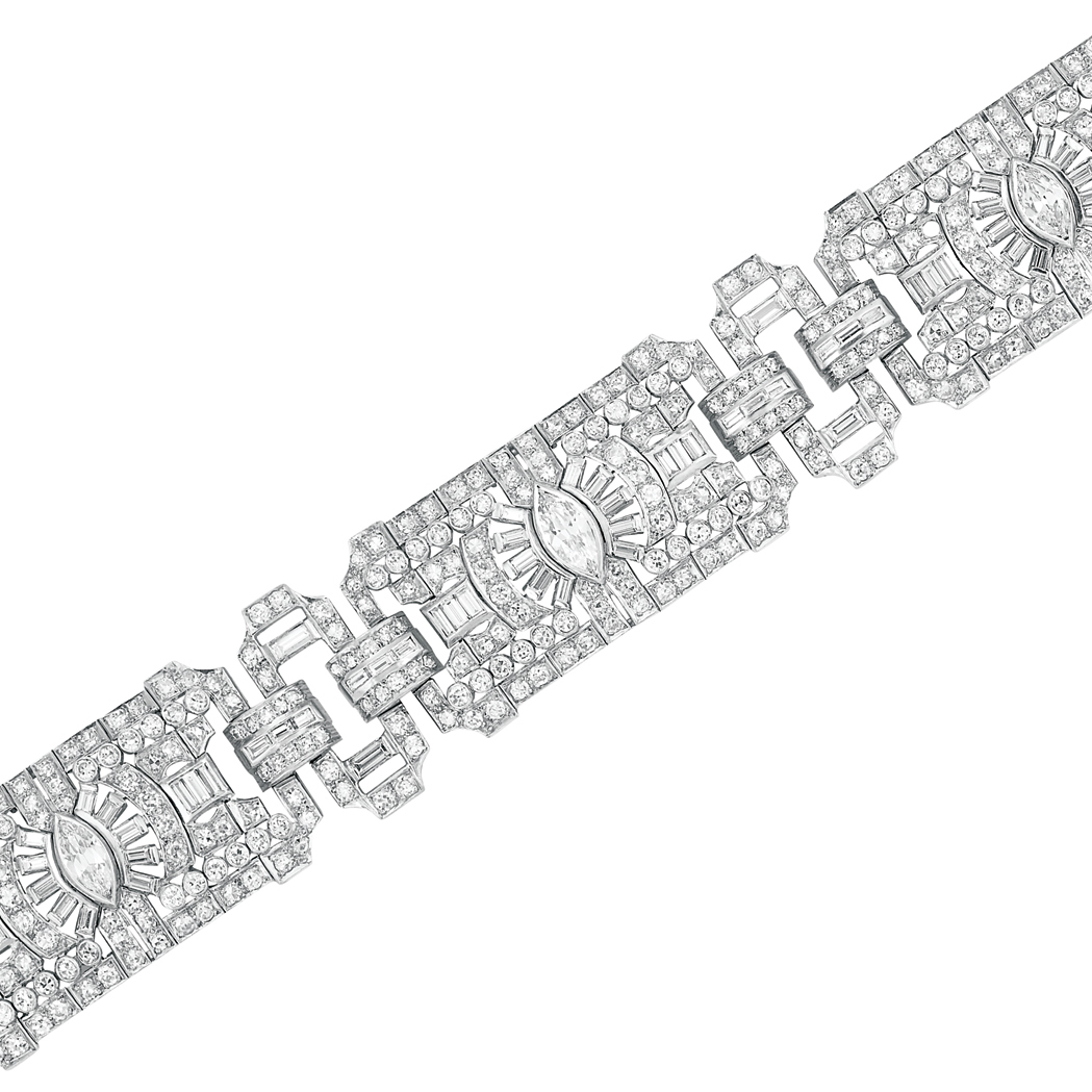 Appraisal: Platinum and Diamond Bracelet Composed of three openwork modified rectangular