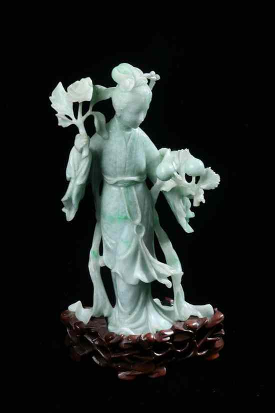 Appraisal: CHINESE APPLE GREEN AND CELADON JADEITE FIGURE OF MEIREN Standing