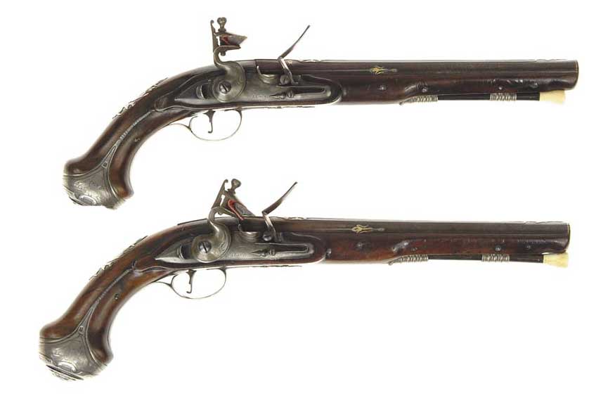 Appraisal: FINE PAIR OF WILSON SILVER MOUNTED FLINTLOCK PISTOLS NSN Cal