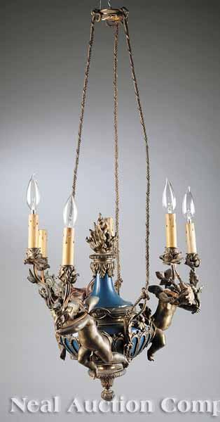 Appraisal: An Antique Louis XVI-Style Gilt and Enameled Bronze Six-Light Chandelier