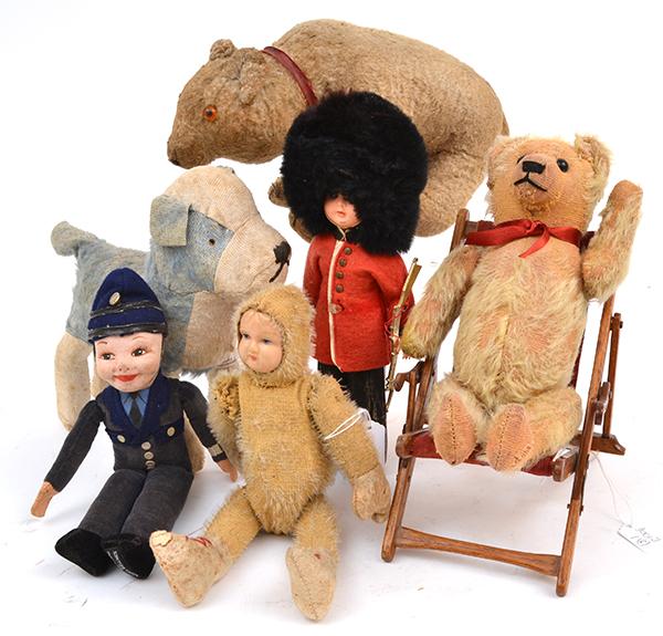 Appraisal: SIX VINTAGE SOFT TOYS INCLUDING SMALL TEDDY BEAR SEATED IN