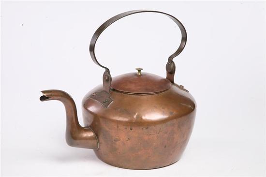 Appraisal: SIGNED COPPER KETTLE American th century Dovetailed kettle with swing