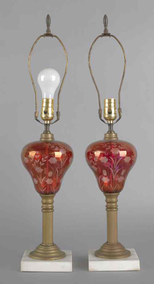 Appraisal: Pair of ruby cut to clear table lamps early th