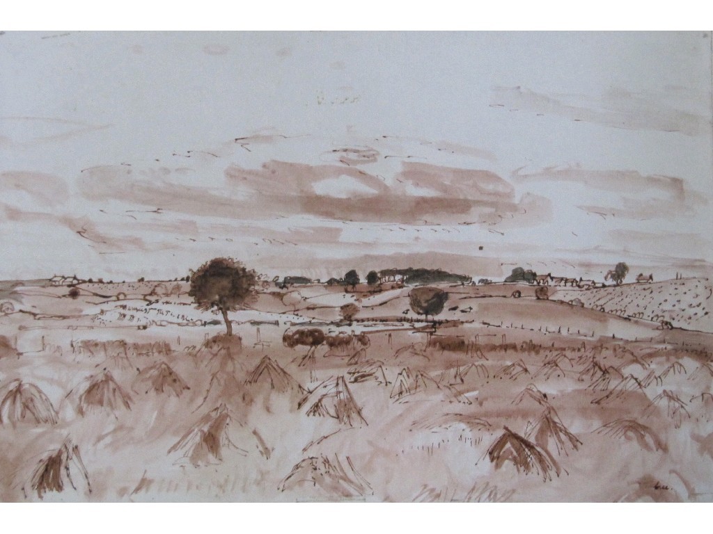 Appraisal: ALEXANDER CREE - Pen and wash 'Harvest Fields' signed recto