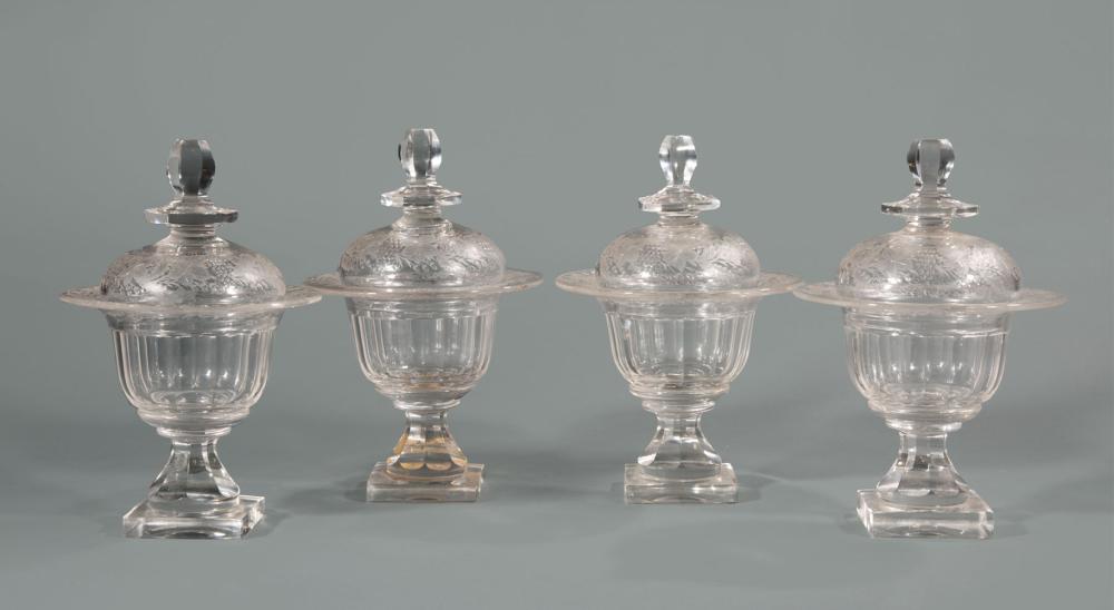 Appraisal: Fine Set of Four French Panel-Cut Crystal Covered Sweetmeat Urns