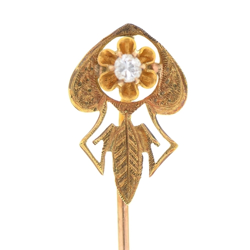 Appraisal: An art nouveau gold stickpin with diamond set terminal c