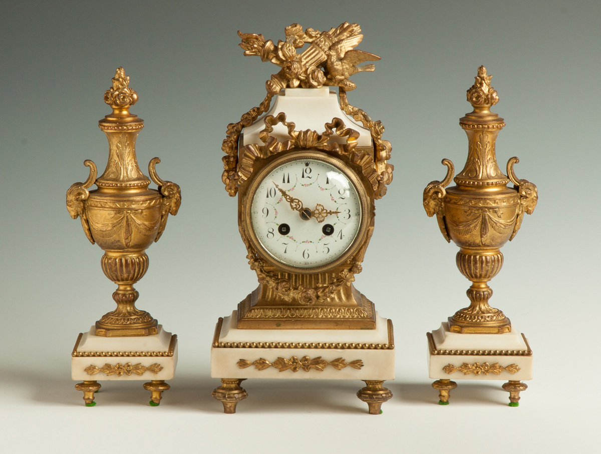 Appraisal: French Gilded Metal Marble Piece Clock Set th cent Painted