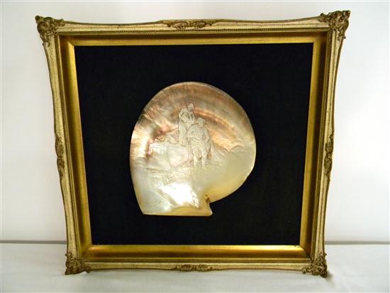 Appraisal: Relief carved mother of pearl genre scene of fisherman signed