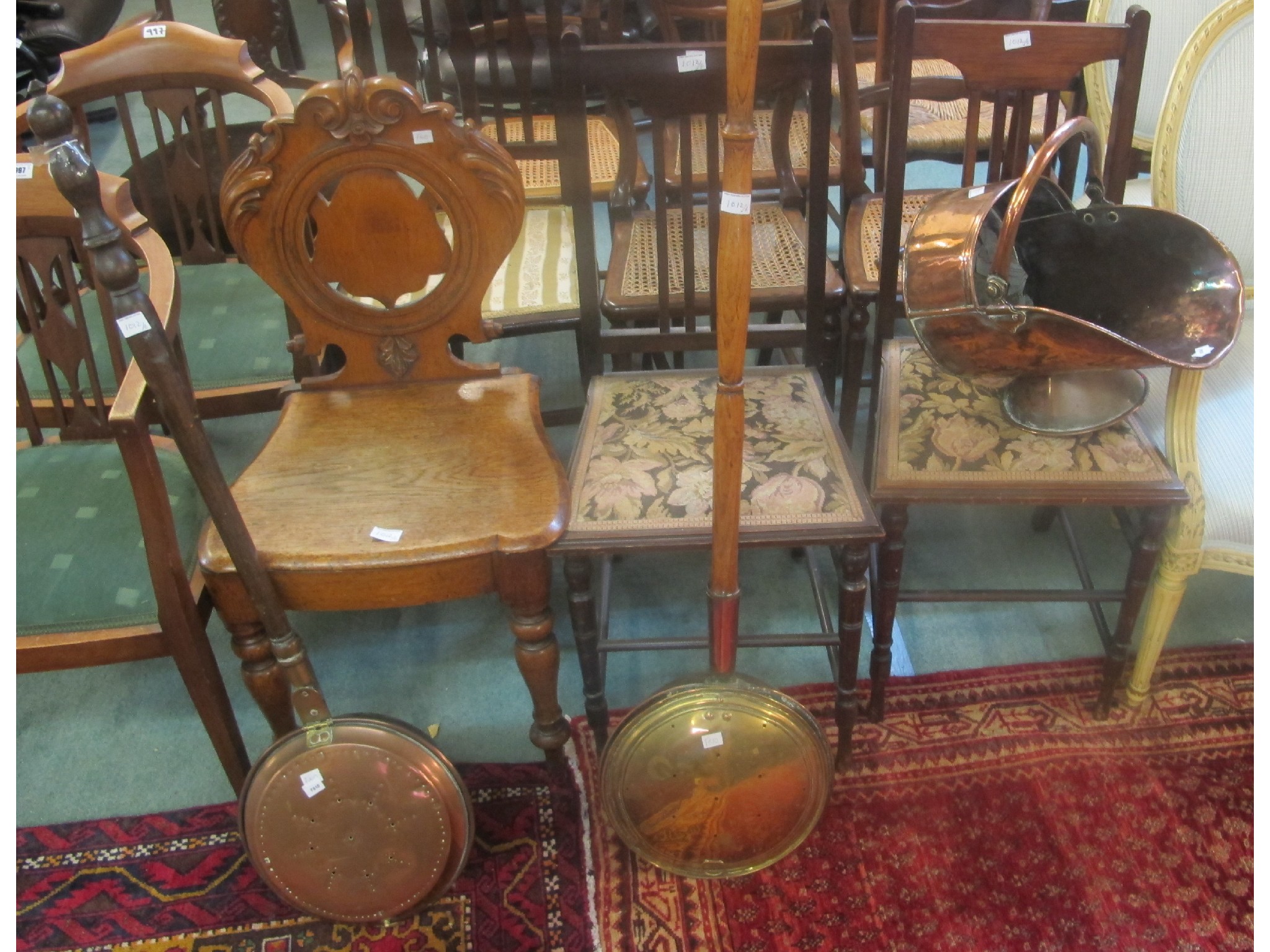 Appraisal: Victorian oak hall chair pair of bedroom chairs two warming