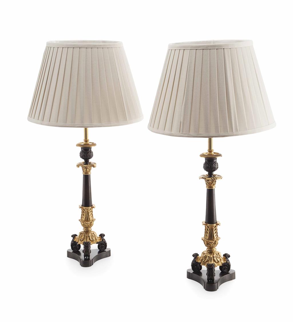 Appraisal: PAIR OF REGENCY PATINATED AND GILT BRONZE LAMPS converted from