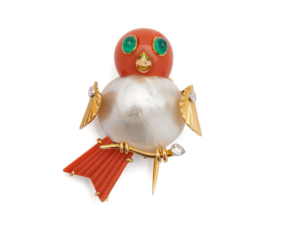 Appraisal: CARTIER K Gold Coral Pearl Diamond and Emerald Bird Brooch