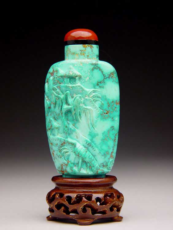 Appraisal: CARVED TURQUOISE SNUFF BOTTLE Carved turquoise snuff bottle of slim