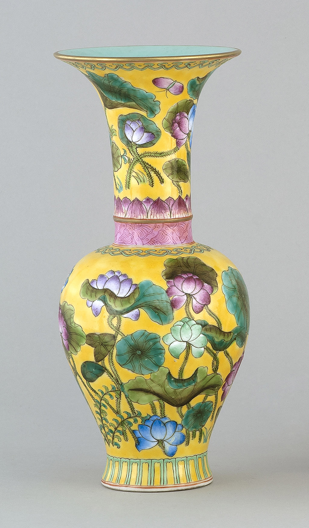 Appraisal: POLYCHROME PORCELAIN VASE Circa In inverted pear shape with trumpet