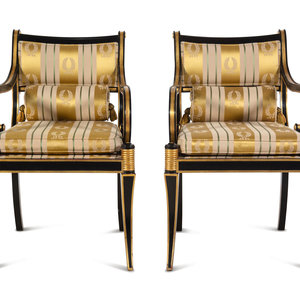 Appraisal: A Pair of Regency Style Parcel Gilt and Ebonized Armchairs