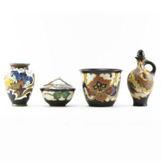 Appraisal: Grouping of Four Gouda Semi-Matte Faience Pottery Includes liquor bottle