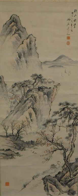 Appraisal: Japanese Landscape Hanging Wall Scroll Painting Japan Mountainous terrain with