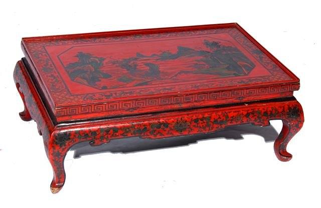 Appraisal: A CHINESE RED LACQUER LOW TABLE painted with a landscape