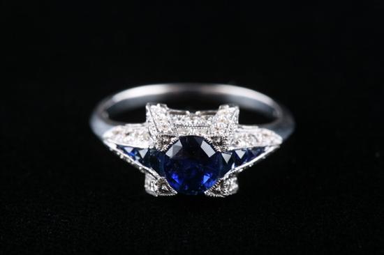 Appraisal: K WHITE GOLD SAPPHIRE AND DIAMOND VINTAGE STYLE RING Round