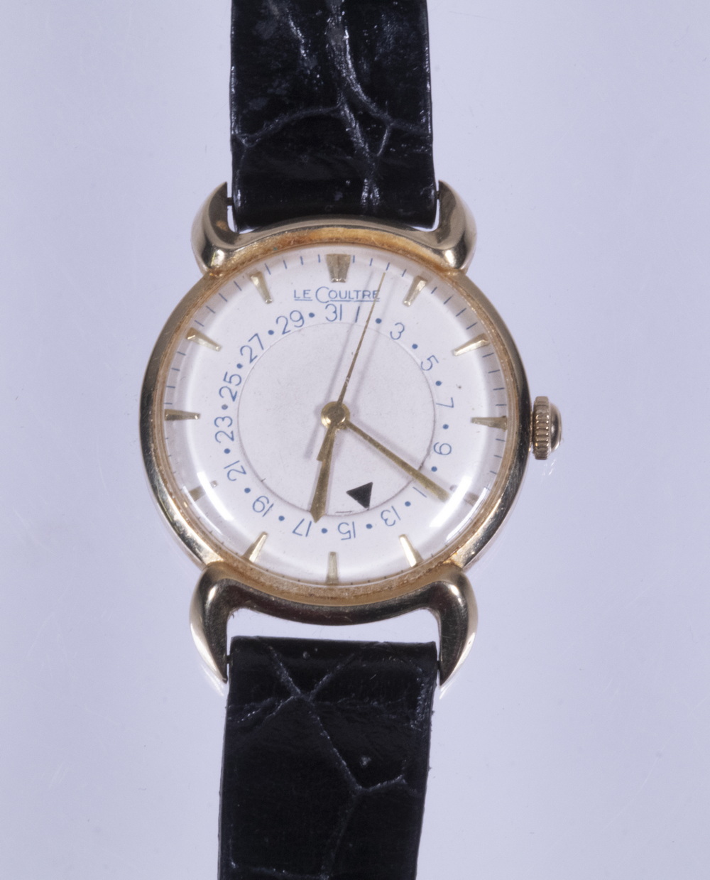 Appraisal: K GOLD LE COULTRE WRISTWATCH With interior calendar Later black