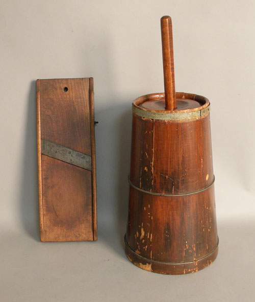 Appraisal: Wooden butter churn th c together with a slawboard