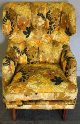 Appraisal: Dunbar Upholstered Wing Back Chair Original fabric with Dunbar Signature