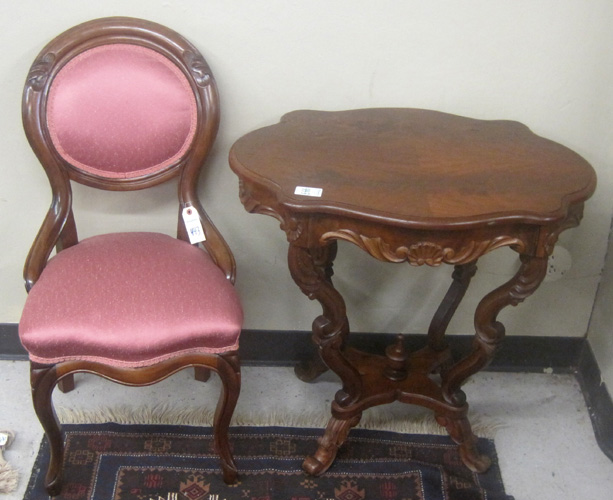 Appraisal: VICTORIAN STYLE MAHOGANY SIDE CHAIR AND LAMP TABLE American th