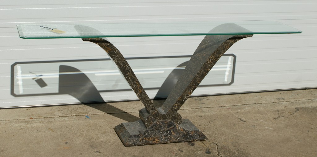 Appraisal: Glass Top Console Sofa Table With Modern Fossil Stone Base