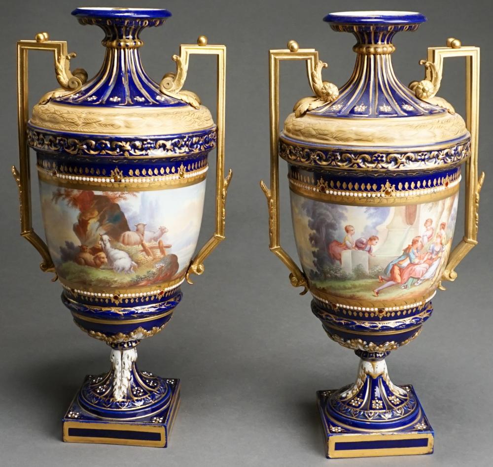 Appraisal: Pair of Sevres Type Hand Painted Cobalt and Gilt Decorated