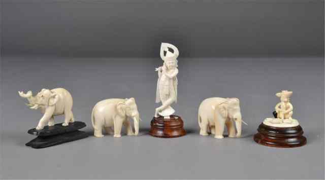 Appraisal: Indian Ivory CarvingsTo include three elephants one with one broken