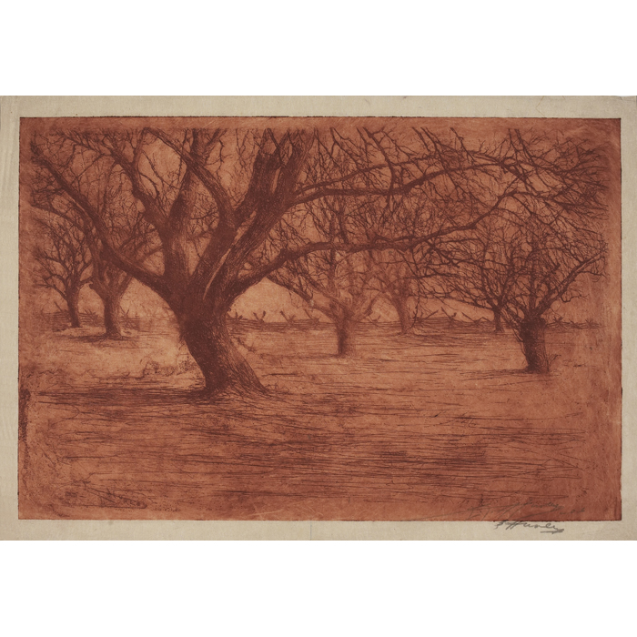 Appraisal: Rare E T Hurley etching landscape with apple trees with