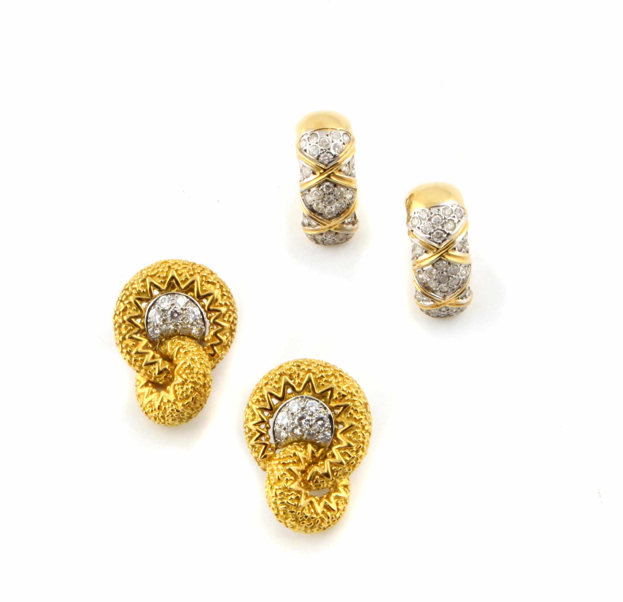 Appraisal: Two pairs of diamond k and k bicolor gold earclips