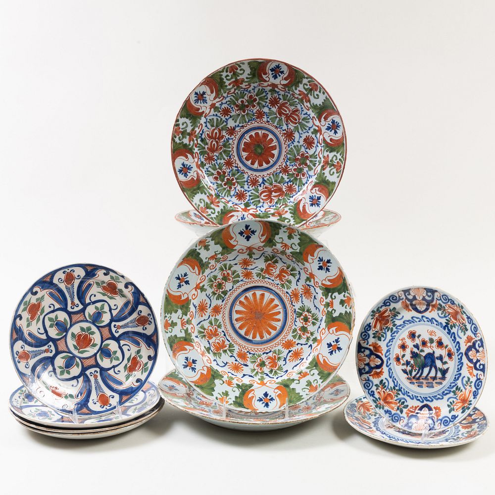 Appraisal: Group of Ten Dutch Delft Polychrome Plates and Chargers Comprising