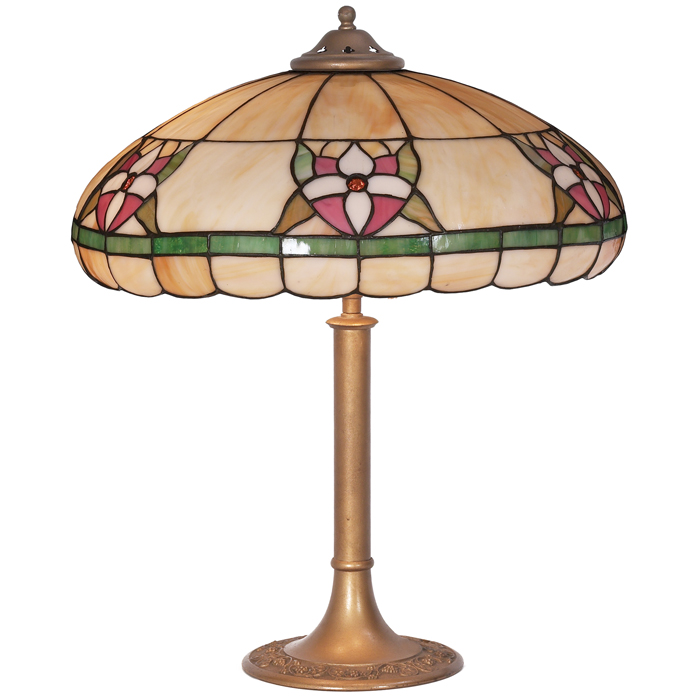 Appraisal: Arts and Crafts table lamp leadedand jeweled shade with floraldesign