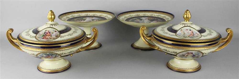 Appraisal: TWO VIENNA STYLE TUREENS AND TWO COMPOTES green and gilt