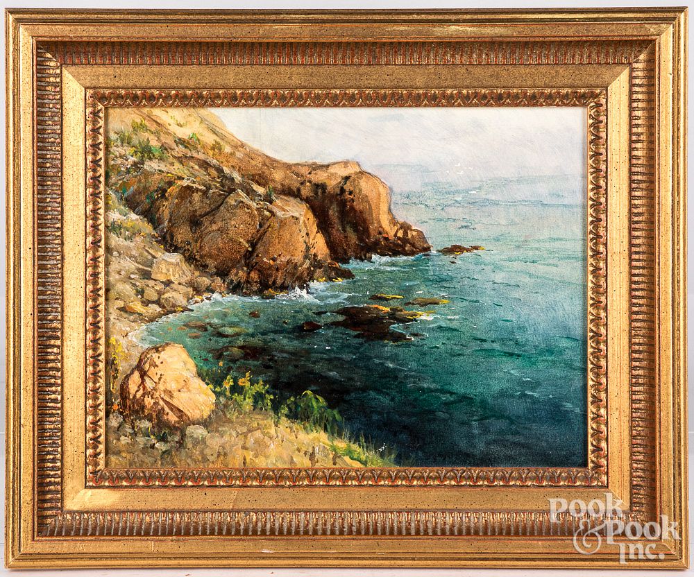 Appraisal: Oil on artist board of a rocky shoreline th c