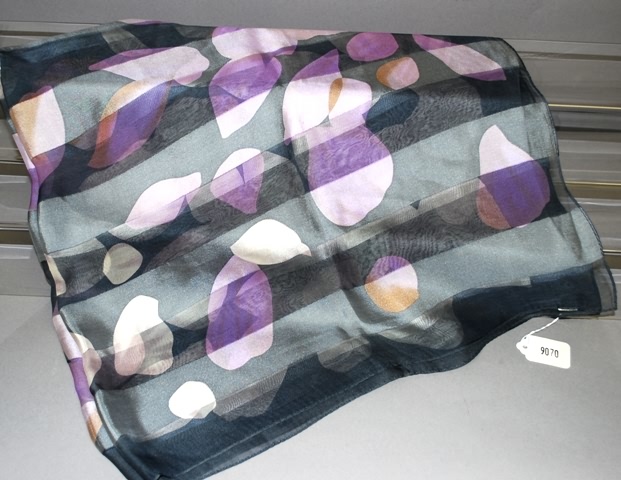 Appraisal: Lilac colored leaves on striped print silk scarf - no