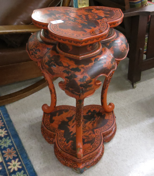 Appraisal: RED BLACK LACQUER PEDESTAL TABLE Chinese early th century having