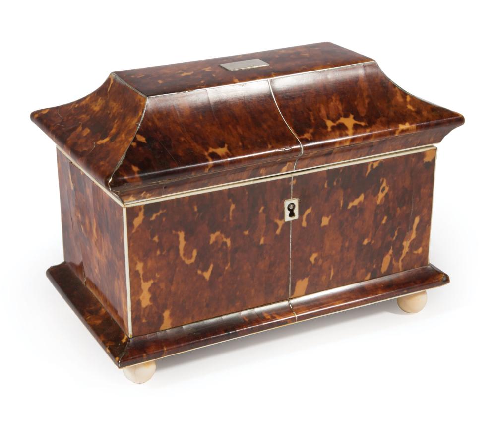 Appraisal: George III Tortoiseshell Sarcophagus Form Tea Caddy interior with two