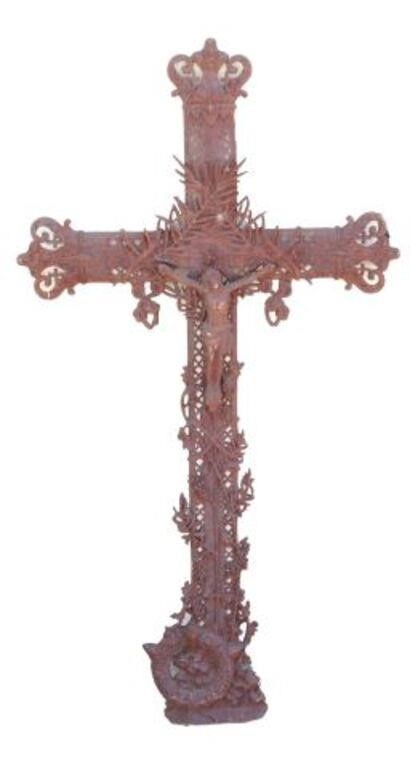 Appraisal: French cast iron cross th c foliate openwork with rope