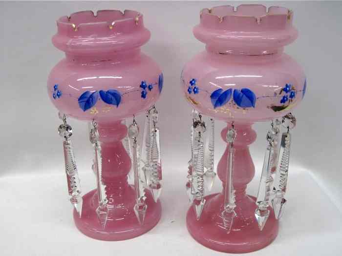 Appraisal: PAIR PINK GLASS VICTORIAN LUSTRES hand painted with blue floral