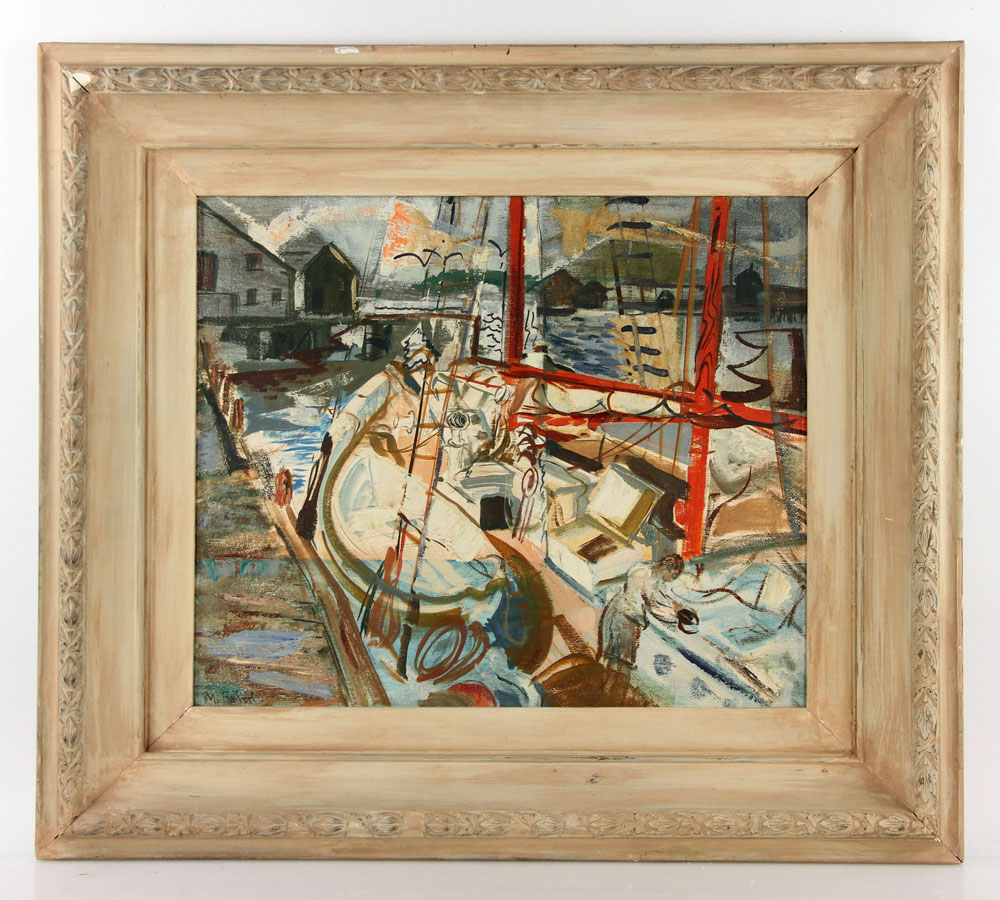 Appraisal: - Axelrod Gloucester Sailboats at Dock Oil on Masonite Marion