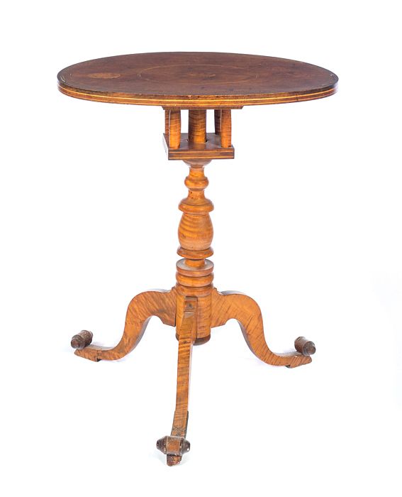 Appraisal: Inlaid Tiger Maple Bird Cage Tilt Top Table Inlaid Mahogany