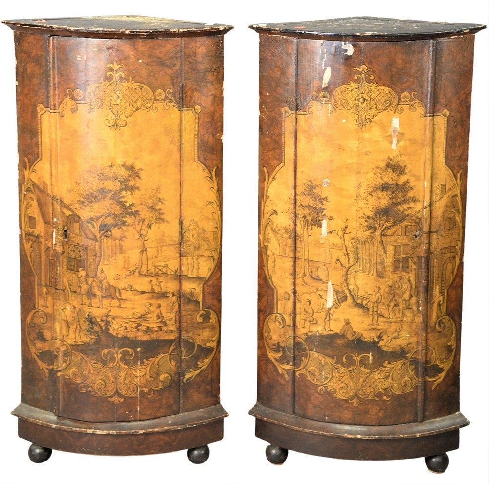 Appraisal: Pair of Continental Painted Corner Cabinets exterior depicting village scene