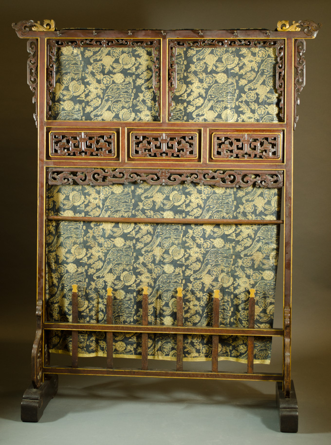 Appraisal: CARVED AND PARCEL GILT ROSEWOOD FLOOR SCREEN HALLSTAND Chinese early