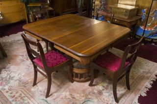 Appraisal: Square Walnut Dining Table and Walnut Chairs Leaves Approx x