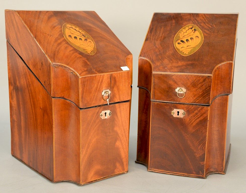 Appraisal: Pair of mahogany knife boxes with conch shell inlaid lids