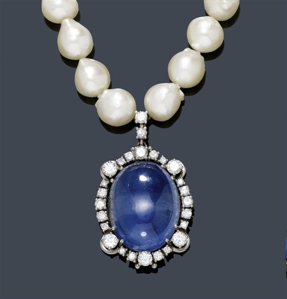 Appraisal: PEARL SAPPHIRE AND DIAMOND NECKLACE ca White gold Elegant necklace