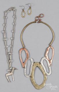 Appraisal: Abstract mixed metal necklace and earrings set together with a