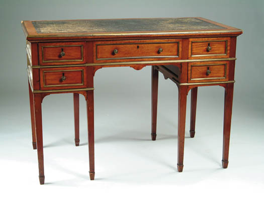 Appraisal: MAHOGANY AND BRASS DECORATED FLAT TOP DESK Probably of English