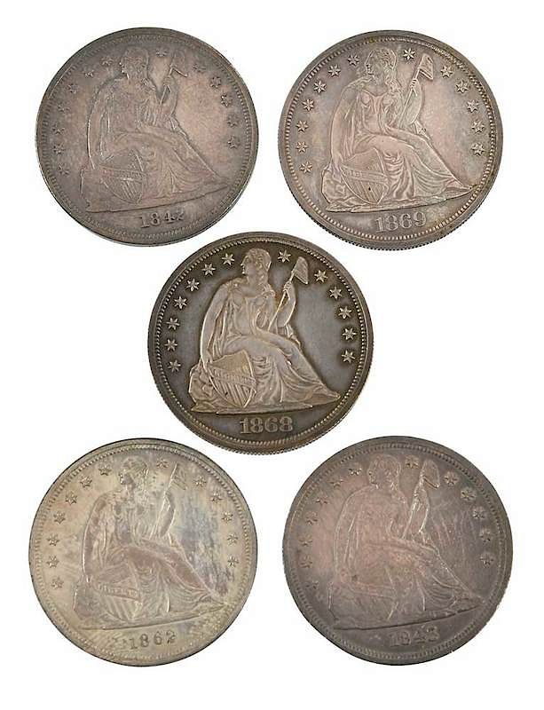 Appraisal: Five Seated Liberty Dollars group consists of dates Provenance Estate